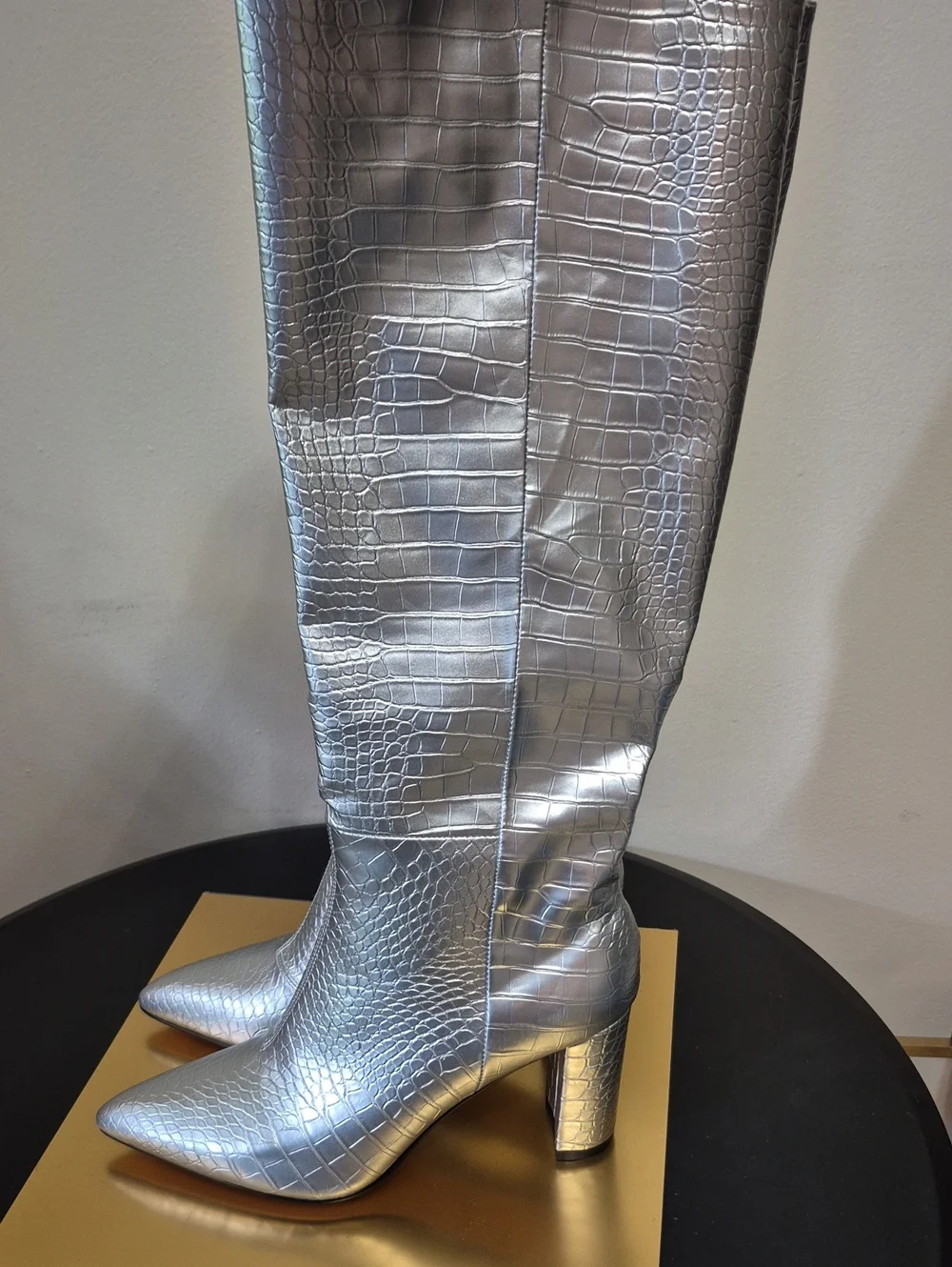 Silver Croc-Embossed Knee-High Boots - Women's Fashion